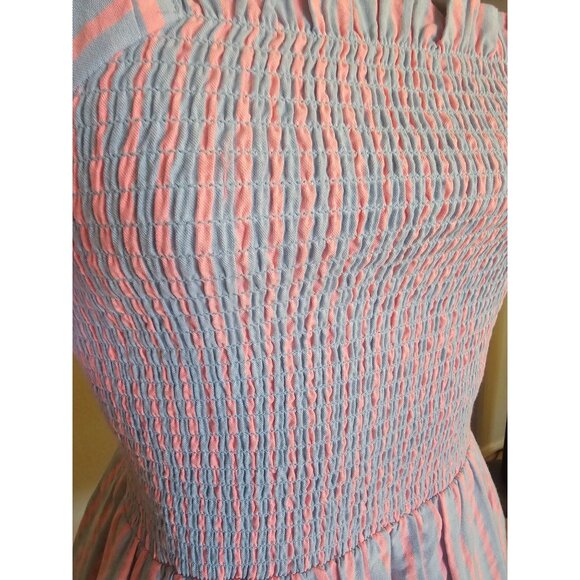 Draper James Pinstripe Fit & Flare Dress Puff Sleeve Ruffle Hem Blue & Pink Knee - Picture 4 of 12